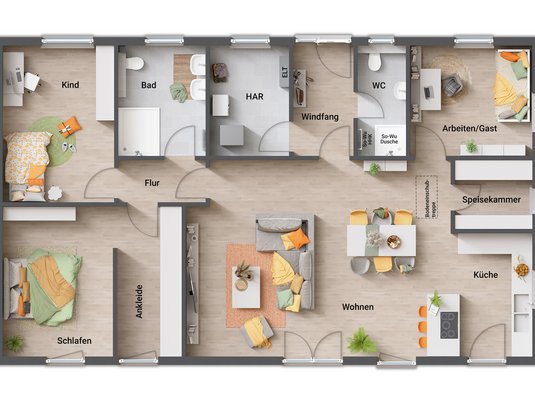 Grundriss des Bungalow 131 in der individuellen Variante 4, mit einer einladenden, großzügigen Diele, einem komfortablen Hauswirtschaftsraum, zwei geräumigen Schlafräumen für maximale Entspannung, einem lichtdurchfluteten Wohnbereich und einem modernen Bad mit großer, bodengleicher Dusche statt Badewanne.