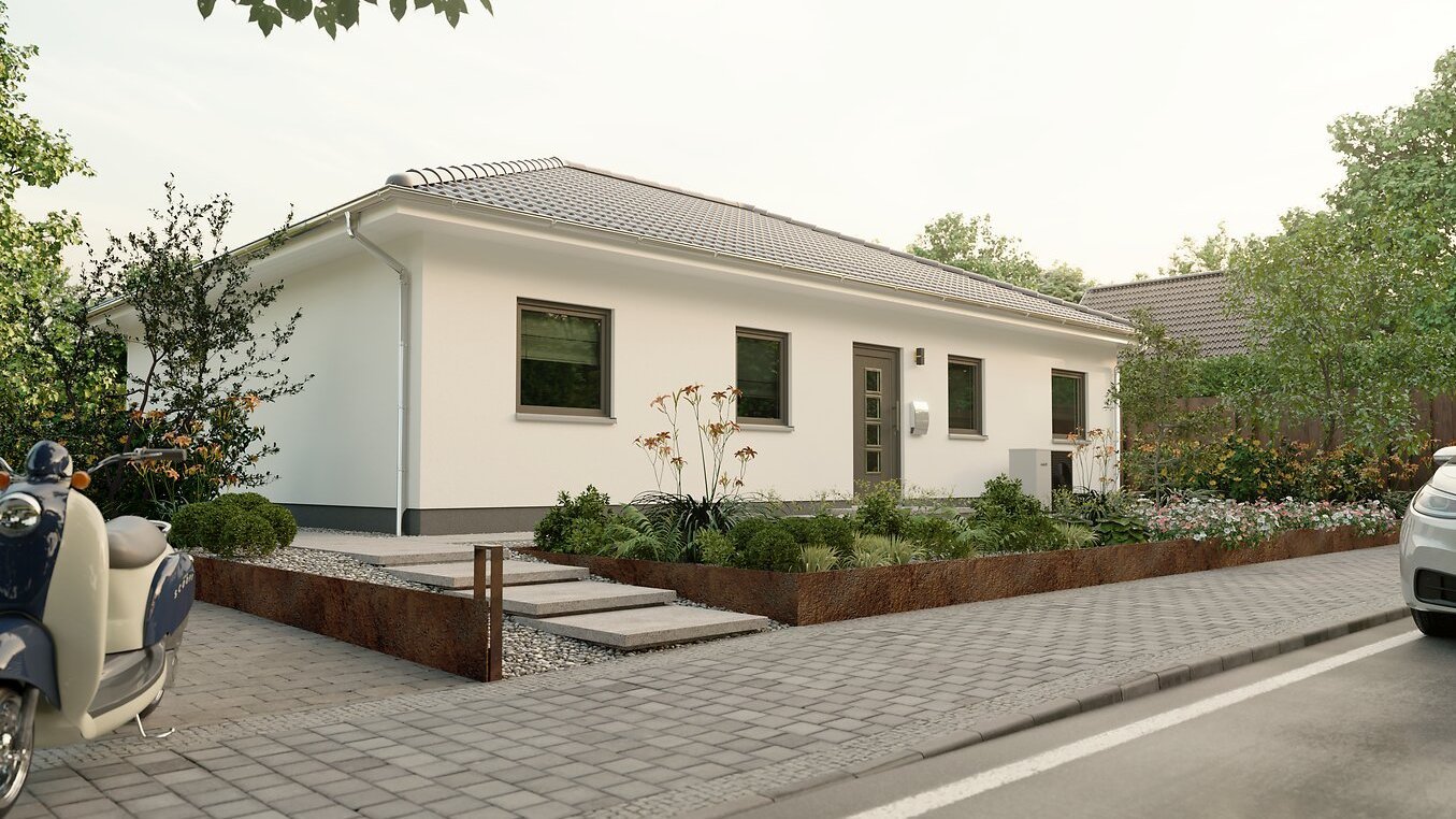 Moderner Bungalow 110 mit Walmdach Bungalow 110 Außenansicht mit klarer Linienführung und Garten