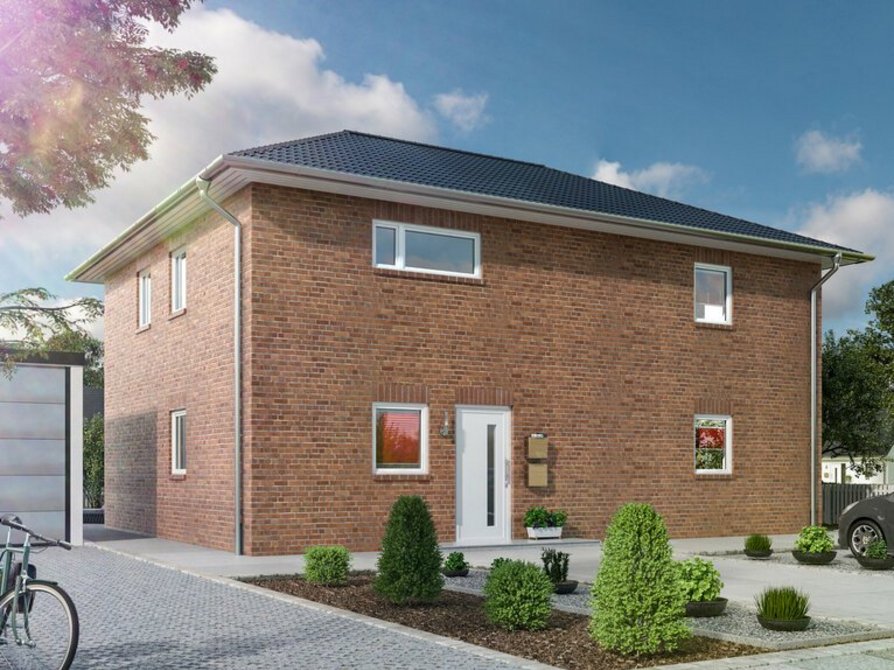 Das Zweifamilienhaus Flair 180 Duo in Klinker mit Blick auf den Eingangsbereich, Vorgarten und optionaler Garage